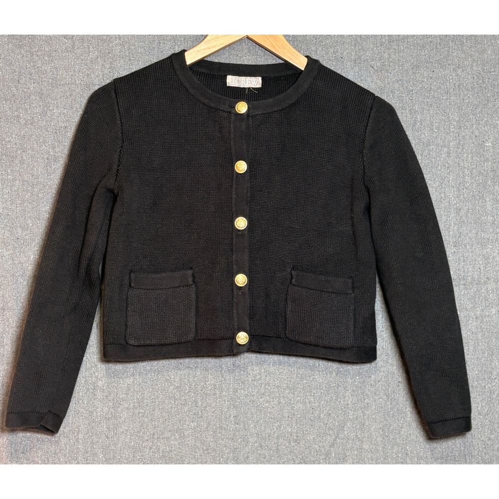 J.Crew Emilie Patch-Pocket Lady Cardigan Sweater XS Black Gold Button BQ197 HO23